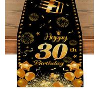Camino de Mesa 30 Cumpleaños, Camino de Mesa Negro y Dorado, Camino de Mesa Feliz Cumpleaños, Happy Birthday Camino de Mesa Lavable, Mesa de Cocina, al Aire Libre, Interior, Fiesta 180 x 35 cm