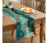 Camino de mesa abstracto de mármol, diseño artístico turquesa y dorado para decoración del hogar y reuniones de vacaciones, 33 x 183 cm