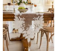 Camino de mesa bohemio con cuentas de encaje y flores, patrón de hojas con borlas, beige y blanco, 35 pulgadas de largo, camino de mesa de comedor, poliéster vintage para tocador, boda, Navidad