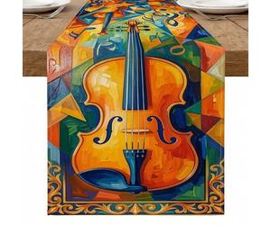 Camino de mesa colorido con violín, patrón geométrico artístico para amantes de la música, decoración del hogar, perfecto para cenas y celebraciones de vacaciones, 33 x 183 cm