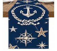 Camino de mesa con anclas náuticas, brújula de estrella de mar vintage, decoración del océano marino para reuniones de playa de verano, 33 x 183 cm
