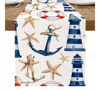 Camino de mesa con anclas náuticas, patrón de faro de estrella de mar costera para decoración de verano en el hogar y suministros de fiesta en la playa, 13 x 72 pulgadas