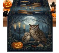 Camino de mesa con cita de Halloween con diseño de búho místico y luna
