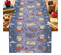 Camino de mesa con diseño de búho, libro educativo de vuelta al campus, tela azul, lavable, camino de mesa de consola para cocina, comedor, decoración de fiestas, 33 x 274 cm