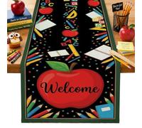 Camino de mesa con diseño de frutas, diseño educativo juguetón con texto en inglés "Back to Campus", tela roja, lavable, camino de mesa de centro para cocina, comedor, vacaciones, fiesta, decoración