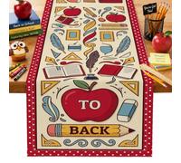 Camino de mesa con diseño de frutas, libro educativo y juguetón de vuelta al campus, tela roja, lavable, camino de mesa de centro para el hogar, cocina, comedor, fiesta, decoración de 33 x 274 cm