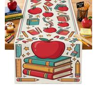 Camino de mesa con diseño de frutas, libros educativos juguetones de vuelta al campus, tela roja, lavable, camino de mesa de consola para el hogar, cocina, comedor, fiesta, decoración de 33 x 229 cm