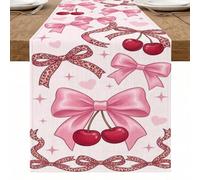 Camino de mesa con lazo de cerezas de melocotón, bonito patrón de corazón, estilo vintage, decoración de cocina, comedor, para el hogar, reuniones familiares, suministros de fiesta del día de San