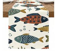 Camino de mesa con patrón de peces, colorido diseño acuático para decoración de comedor en el hogar, perfecto para reuniones familiares y celebraciones de temporada, 33 x 274 cm