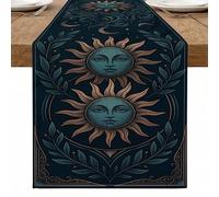 Camino de mesa con sol y luna, diseño celestial bohemio vintage para decoración de comedor del hogar, ideal para celebraciones de temporada, 33 x 274 cm