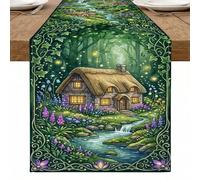 Camino de mesa de casa de campo de cuento de hadas, diseño de bosque floral encantado para decoración del hogar de primavera y fiestas en el jardín, 33 x 183 cm