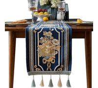 Camino de mesa de chenilla de 32 cm, lujoso camino de mesa con estampado floral jacquard y borlas, para mesa de comedor, aparador y tabla de TV, sin arrugas, fácil cuidado, azul (32 x 160)