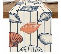 Camino de mesa de conchas marinas costeras, patrón náutico de conchas oceánicas para decoración de comedor de verano y suministros de fiesta en la playa, 13 x 90 pulgadas
