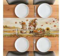 Camino de mesa de conejo de otoño de 36 pulgadas para sala de estar, gnomo de otoño, cosecha, pequeño camino de mesa de lino corto, decoración con estampado de espantapájaros para el hogar, cocina