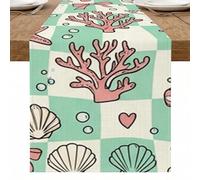 Camino de mesa de coral menta, conchas náuticas divertidas y patrón de coral para decoración de comedor de verano y suministros de fiesta en la playa, 33 x 183 cm