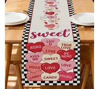 Camino de mesa de corazón dulce, patrón romántico de amor con estilo a cuadros para decoración de comedor del día de San Valentín y celebraciones de vacaciones, 33 x 183 cm