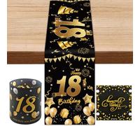 Camino De Mesa De Cumpleaños Negro y Dorado, Cinta para Mesa De Feliz 18 Cumpleaños, Camino De Mesa De Feliz 18 Cumpleaños + 2 Pantallas + 20 Pañuelos, para Fiesta De Cumpleaños, 35 x 180 Cm