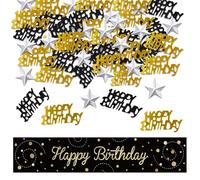 Camino de Mesa de Cumpleaños Negro y Dorado con Confeti de Feliz Cumpleaños, Lavable y Reutilizable, Ideal para Fiestas de Cumpleaños y Reuniones Familiares de Niños y Niñas, 180 x 35 cm