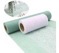 Camino de Mesa de Fieltro Verde Eucalipto 30 cm x 15 m y Camino de Mesa de Encaje 15cm x 12m Elegante de Decoración Rollo para cumpleaños, Bodas y para Ocasiones Especiales