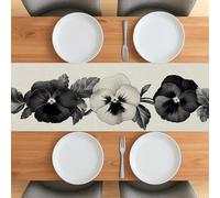 Camino de mesa de flores de pensamiento simple de primavera de 48 pulgadas para sala de estar, divertidas plantas florales, camino de mesa de lino corto, decoración de lujo para el hogar, cocina y