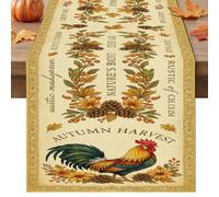 Camino de mesa de gallo, rústico, encantador, piñas, flores, otoño, dorado, lavable, para comedor, mantel, tocador, decoración, 33 x 183 cm