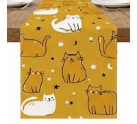 Camino de mesa de gato fantástico, estilo divertido de dibujos animados con estrellas y luna, perfecto para reuniones de otoño y amantes de los animales, decoración del hogar, 13 x 90 pulgadas