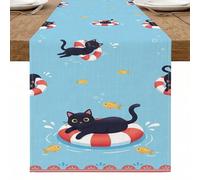 Camino de mesa de gato juguetón, gato fantástico con flotador de natación y diseño de peces para decoración de verano, hogar, comedor, 33 x 274 cm