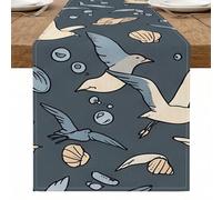 Camino de mesa de gaviota y conchas marinas, diseño inspirado en la playa costera para decoración de comedor de verano y reuniones al aire libre, 13 x 90 pulgadas