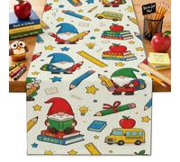 Camino de mesa de gnomo, libro educativo de lápices de vuelta al campus, tela roja, lavable, bufanda de mesa para comedor, mantel, tocador, decoración de 13 x 90 pulgadas