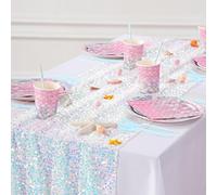 Camino de Mesa de Lentejuelas Blanco de 25 x 120 Pulgadas, Camino de Mesa Iridiscente para Fiesta de Sirena, Mantel de 10 pies para decoración de Mesa de Fiesta de cumpleaños, Ceremonia