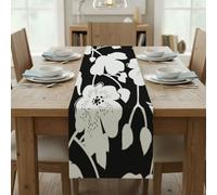 Camino de mesa de lino y algodón, arte abstracto, flores blancas, camino de mesa rústico con impresión de camino de mesa de café para cenas, fiestas, vacaciones
