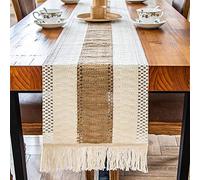 Camino de Mesa de Macramé a Mano Lavable, Boho Camino de Mesa con Borla, Empalme de Algodón y Lino para Mesa Comedor Café Fiesta Boda Decoración, 30 x 180 cm (Beige)