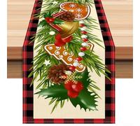 Camino de mesa de Navidad de 13 x 72 pulgadas de lino con borde rojo e impresiones navideñas con galletas de hombre, piñas, campanas, hojas de acebo y bayas para decoración de mesa de comedor, fiestas