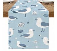 Camino de mesa de pájaro costero, náutico con patrón de concha de gaviota, decoración de playa para comedor de verano, reuniones en casa, 33 x 274 cm