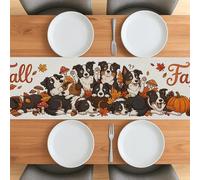 Camino de mesa de perro Collie de otoño de 48 pulgadas para sala de estar, cachorro apilado de otoño, camino de mesa de lino corto extraño, patrón de hoja de arce, decoración para el hogar, cocina
