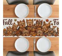 Camino de mesa de perro Yorkie de otoño de 36 pulgadas para sala de estar, diseño de cachorro apilado en otoño, camino de mesa de lino corto y extraño, patrón de hojas de arce, decoración para el