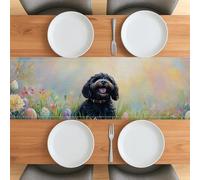 Camino de mesa de primavera y Pascua, perro de agua portugués, 33 x 91 cm, diseño de huevos, flores, pequeño camino de mesa corto de arpillera para comedor, cocina, cena de mascotas, decoración de