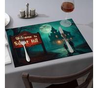 Camino de mesa de verano con texto en inglés "Welcome To Silent Hill" con la casa espeluznante en el fondo. Manteles individuales amarillos (1 unidad)