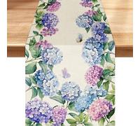 Camino de Mesa de Verano, Flores de Caminos de Mesa, Camino de Mesas Moderno con Hojas de Hortensia Morada y Mariposas, DecoracióN de Mesa para Cocina, Fiesta, Boda 33 × 183 cm (Camino Mesa)