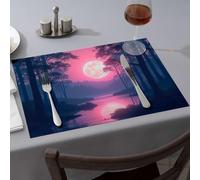 Camino de mesa de verano iluminado por la luna con río sereno que refleja tonos rosados, manteles individuales para comedor, platos decorativos para cocina y comedor (6 piezas)