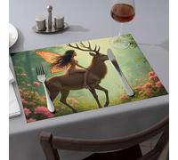 Camino de mesa de verano, un hada cabalga un majestuoso ciervo a través de un bosque lleno de flores. Manteles individuales amarillos (6 piezas)