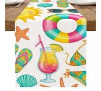 Camino de mesa divertido de verano, coloridos elementos de playa tropicales, estrella de mar, gafas de sol, decoración para el hogar, reuniones familiares, fiestas al aire libre, 33 x 274 cm