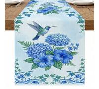 Camino de mesa floral azul, vibrante diseño de colibrí y flores para decoración de comedor de cocina de primavera, perfecto para reuniones familiares en el hogar, 33 x 183 cm