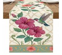 Camino de mesa floral de hibisco, flores tropicales vintage, colibrí, elegante decoración de verano para el hogar, reuniones familiares, 13 x 72 pulgadas