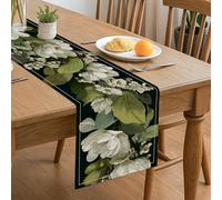 Camino de mesa floral, elegantes hojas verdes y flores blancas, decoración moderna de cocina, comedor, para el hogar, reuniones familiares, suministros de fiesta de primavera, 13 x 72 pulgadas