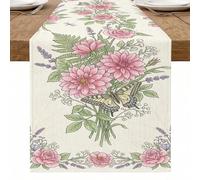 Camino de mesa floral, flores de melocotón vintage, mariposa, rústico, decoración de comedor para el hogar, reuniones familiares, 13 x 72 pulgadas