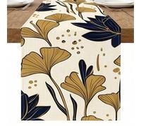 Camino de mesa floral, hojas de ginkgo vintage y flores azules, elegante decoración del hogar para reuniones de vacaciones de otoño, 33 x 274 cm