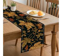Camino de mesa floral otoñal, hojas doradas vintage, negro, rústico, cocina, comedor, decoración para el hogar, reuniones familiares, celebraciones, 33 x 183 cm