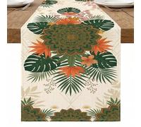 Camino de mesa floral tropical, hojas verdes bohemias y flores de naranja, decoración de comedor de otoño para el hogar, reuniones familiares, 13 x 72 pulgadas