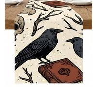 Camino de mesa gótico de cuervo, diseño vintage de ramas de calavera para Halloween, otoño, comedor, decoración del hogar, reuniones familiares, 33 x 183 cm